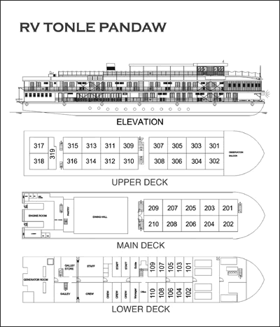 RV Tonle Pandaw Elevation & Cabin Layout - Hanuman Tourism Voayages RV Tonle Pandaw Elevation & Cabin Layout - Mekong River Cruises